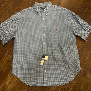 NWT  Ralph Lauren Blue & White Check Short Sleeve Button Down 2X 100% Cotton